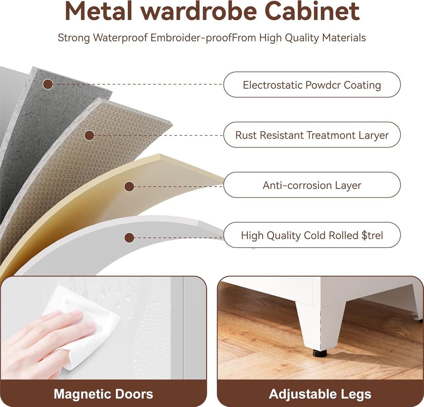 Farmhouse Wardrobe Cabinet,Metal Wardrobe Closet with Hanging Rod,Metal Armoire with Adjustable Shelves for Bedroom,Living Room, Cloak Room,Office (White)