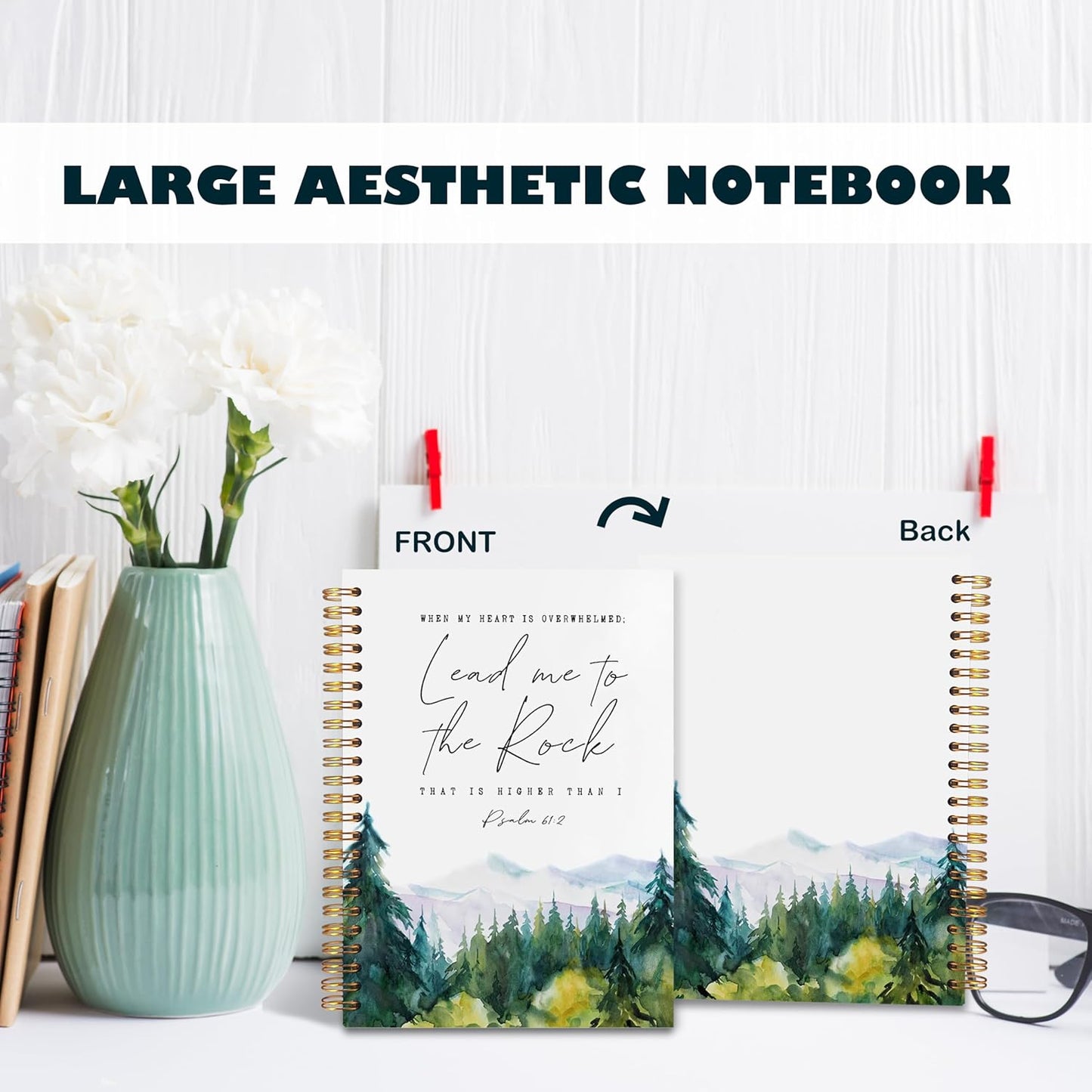 BearCake Christian Notebook Journal, Prayer Journal for Women, Lead Me To the Rock That is Higher Than I Bible Notebooks for Note Taking, Watercolor Woodland Hardcover Spiral Notebook 5.5x8.3