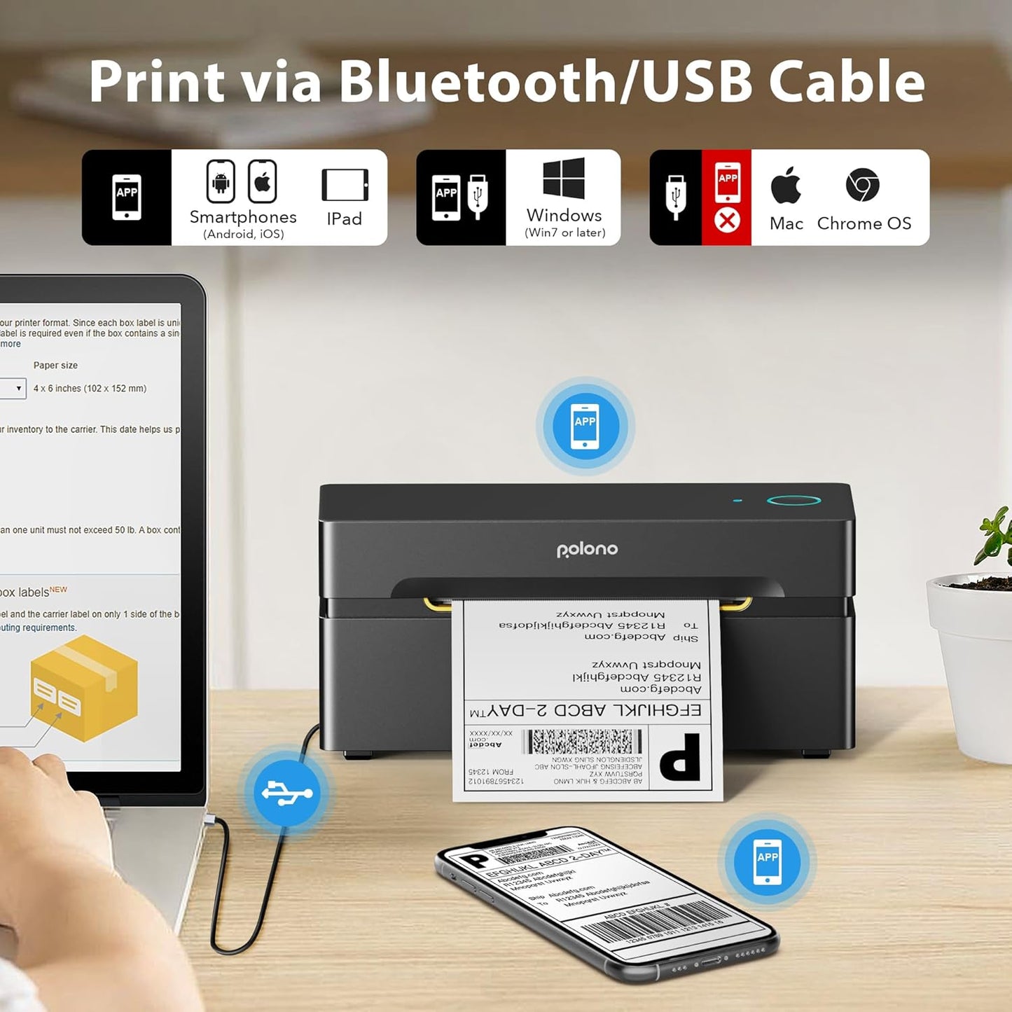 POLONO Bluetooth Thermal Shipping Label Printer, Wireless 4x6 Shipping Label Printer for Small Business, Support iOS, Android, Windows and Mac, Compatible with Amazon, Ebay, Shopify, Etsy, USPS(Brown)