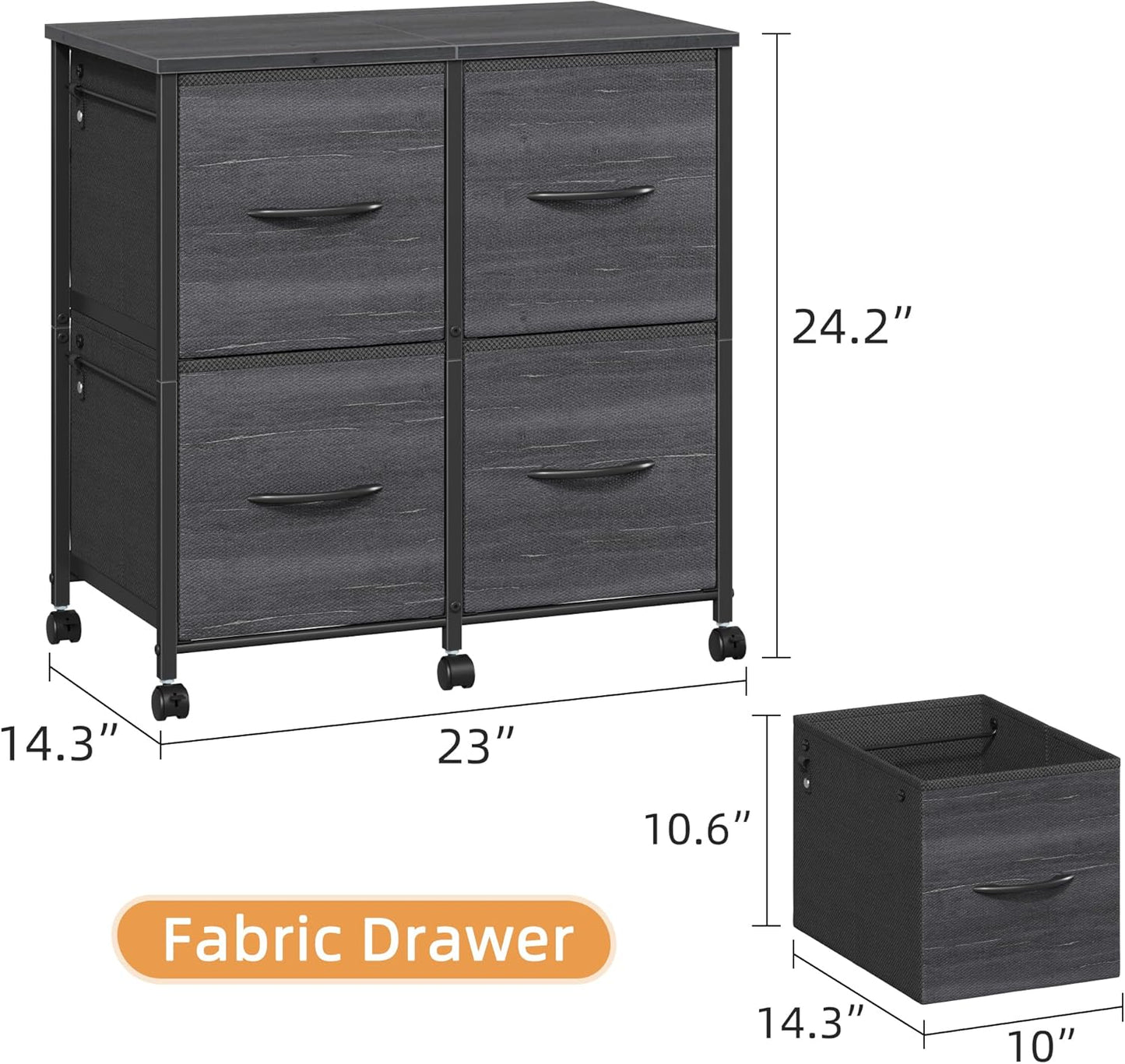 Lateral File Cabinet 4 Fabric Drawer, Mobile Filing Cabinet for Large Printer, Home Office Functional Office Storage Cabinet & Printer Stand, Fits A4/Letter Size, Charcoal Black Grain Print