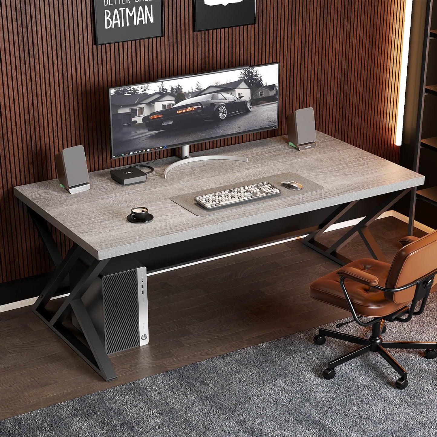 LVB Large Home Office Desk, Long Industrial Computer Desk, Metal Wood Writing Study Computer Table for Student, Big Modern Executive Simple Gaming Work Desk for Bedroom, Light Grey, 60 Inch