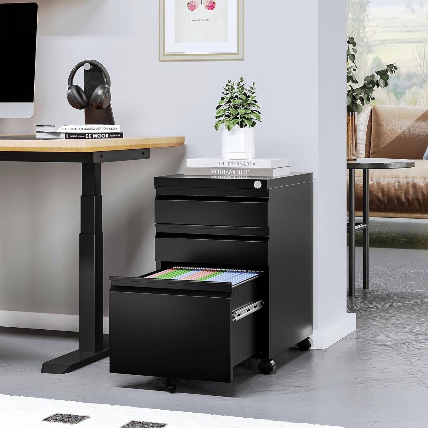 STANI 3 Drawer Mobile File Cabinet with Lock Under Desk Metal Filing Cabinet Locking Office Mobile Cabinet with Wheels Under Desk Office Drawers Rolling Mobile File Cabinet Assembly Required Black