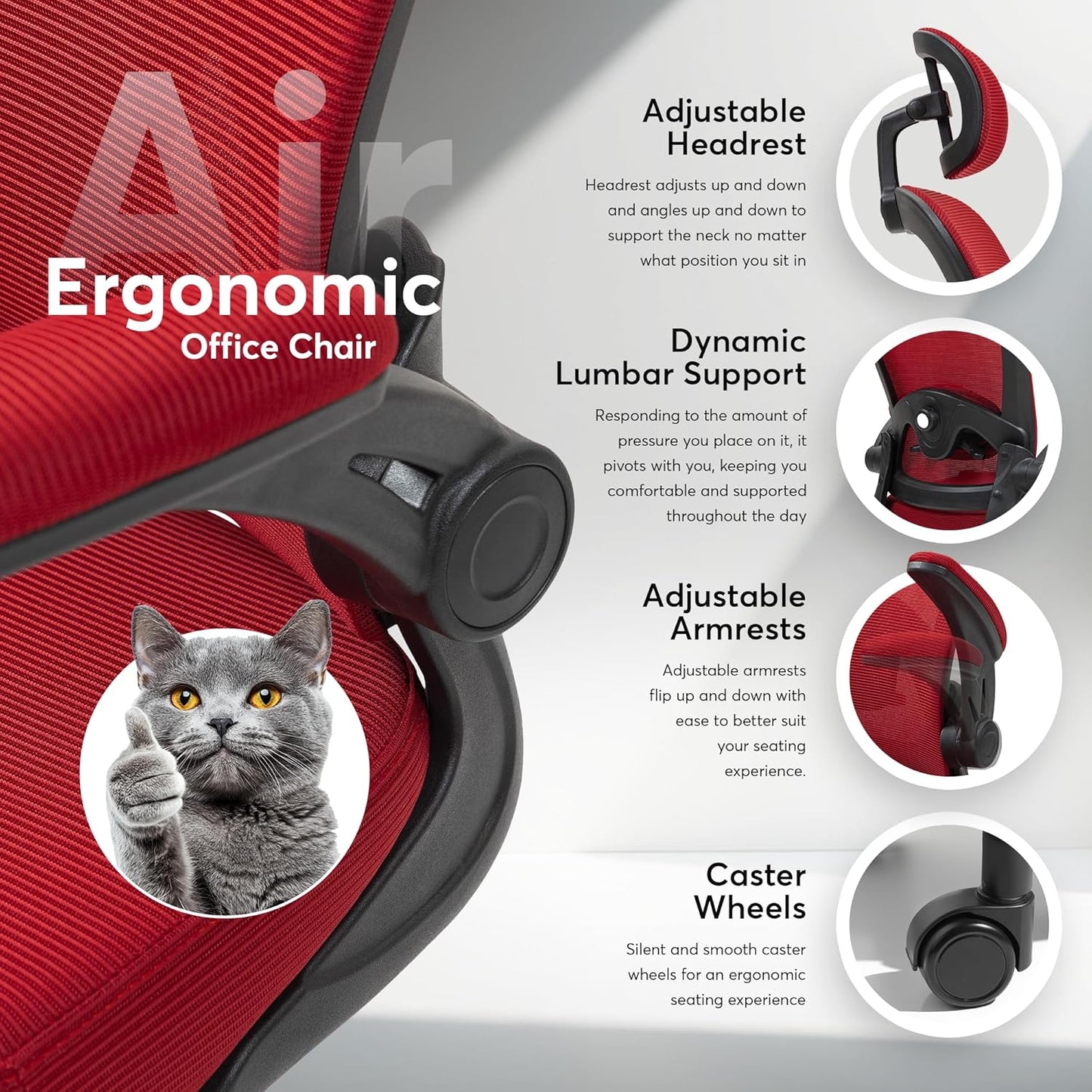 Oline ErgoAir Ergonomic Office Chair – Adjustable Lumbar Support, Flip-Up Armrests, Mesh Computer Desk Chair, Swivel Rolling Executive Gaming Chair for Home & Office (Red)