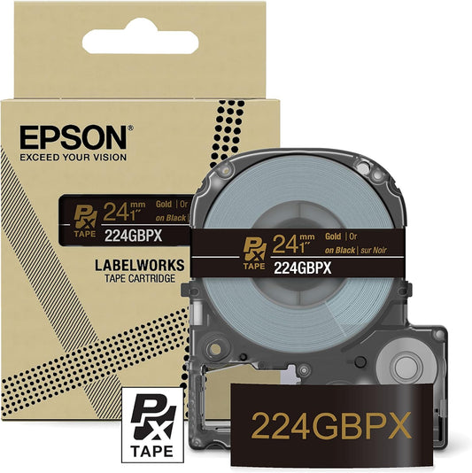 Epson LABELWORKS 224GBPX Genuine PET (Polyester) Tape Cartridge - Gold on Black Designer Craft Label Maker Tape - 1" (24MM) Wide, 30'