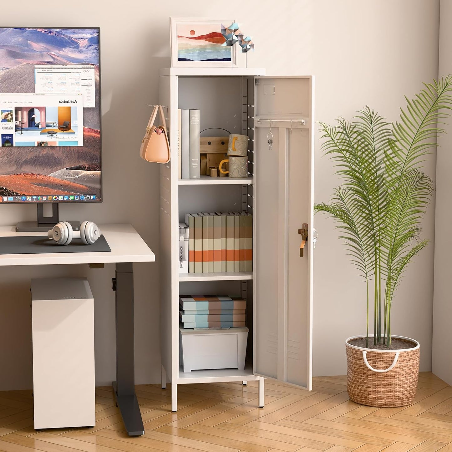 Metal Lockers for Employees with Handle,Metal Storage Locker with 2 Pegboard & 5 Hooks for Gym, School, Office,Home,Garage,White