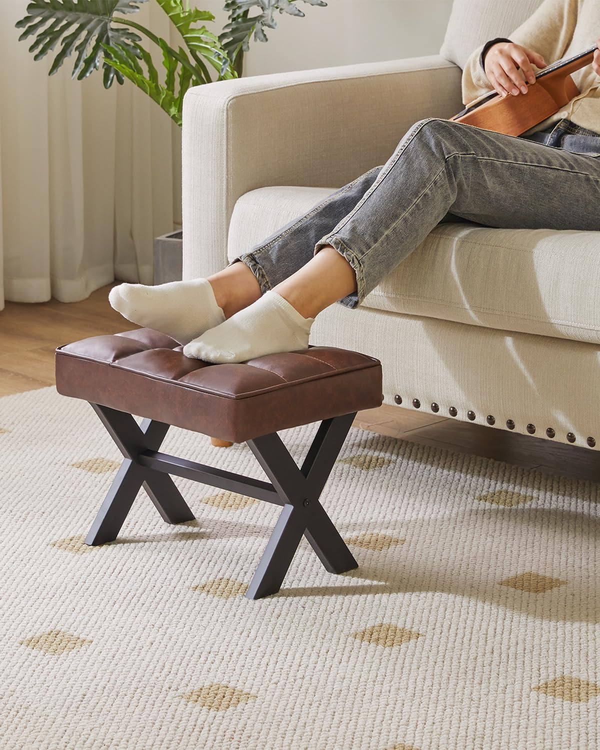 IBUYKE Small 12" H Footrest Stool, Square PU Foot Stool with Metal X-Leg, Multi-Use as Small Side Table, Step Stool for Living Room, Bedroom, Entryway, Office, Dark Brown WBD012Z