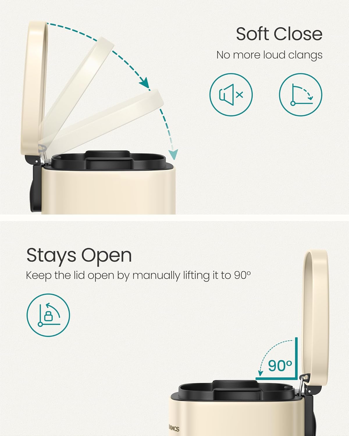 SONGMICS 13 Gallon (50 L) Trash Can, Stainless Steel Kitchen Garbage Can, Recycling or Waste Bin, Soft Close, Step-On Pedal, Removable Inner Bucket, Sand Beige ULTB050A01