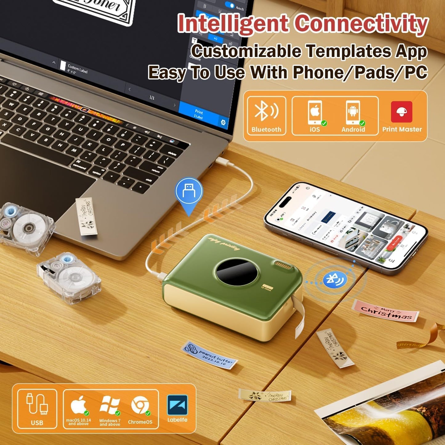 Phomemo A30 Label Maker Machine, Bluetooth Wireless Portable Small Label Printer, Waterproof Label Mini Sticker Maker for Home School, Cloth Name Tag, Ribbon Printer Machine for Gift Wrapping