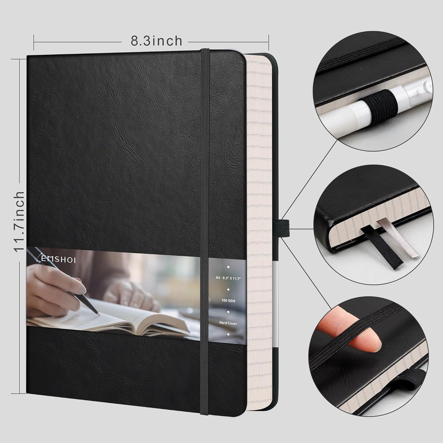 EMSHOI Dotted Journal, 8.5" x 11" Hardcover Leather Journal for Women Men, 192 Pages 100 GSM Dot Grid Notebook, Dotted Notebook for Work, A4 Large Journals for Writing, Bullet Journaling, Black