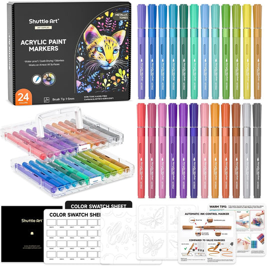 Automatic Ink Control Acrylic Paint Markers, Shuttle Art 24 Metallic Colors Brush Tip Acrylic Paint Pens for Rock Painting, Ceramic, Wood, Canvas, Glass, Stone, Fabric, Card Making, DIY & Art Supplies