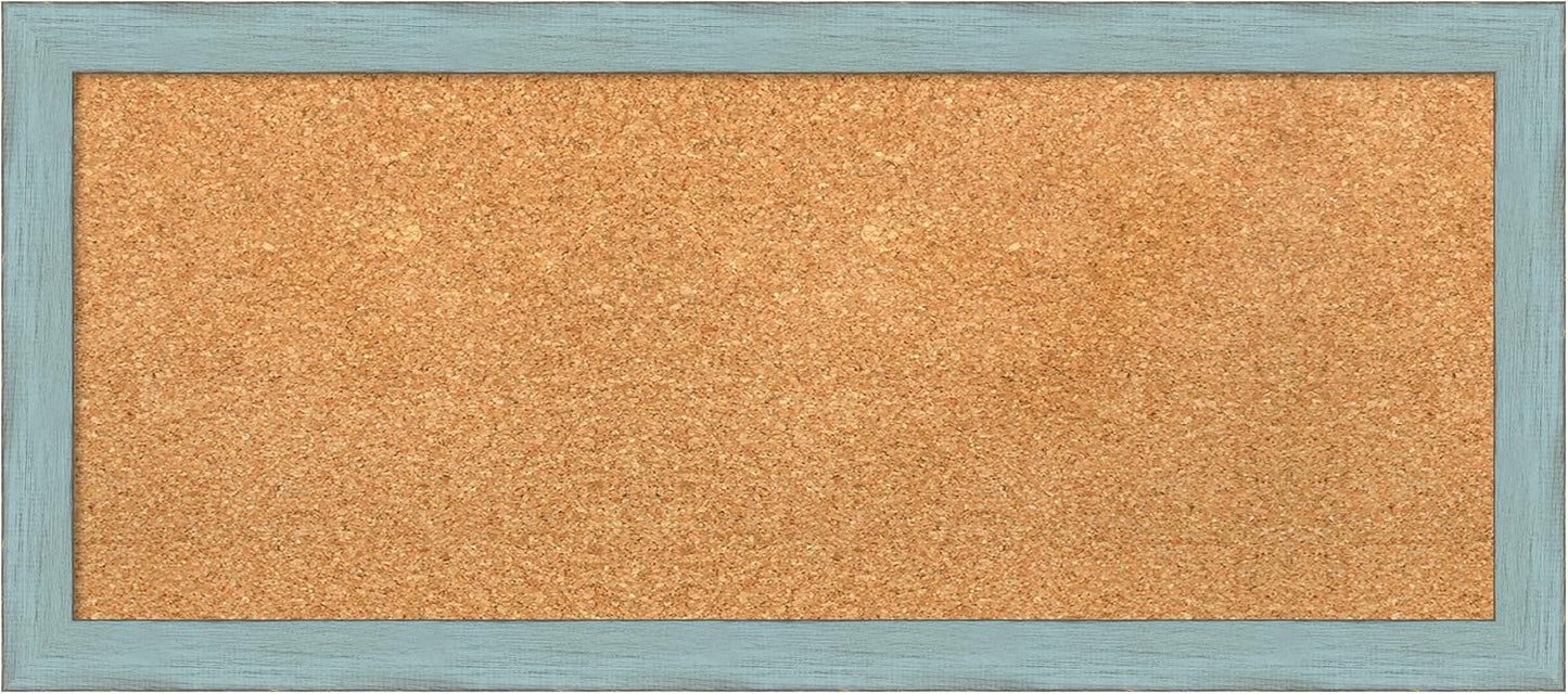 Amanti Art Natural Cork Board for Wall, 14x32 Vision Board with Blue Wood Frame, Medium Corkboard Office Decor for Home Organization, Rustic Farmhouse Corkboard Pinboard to display items for home