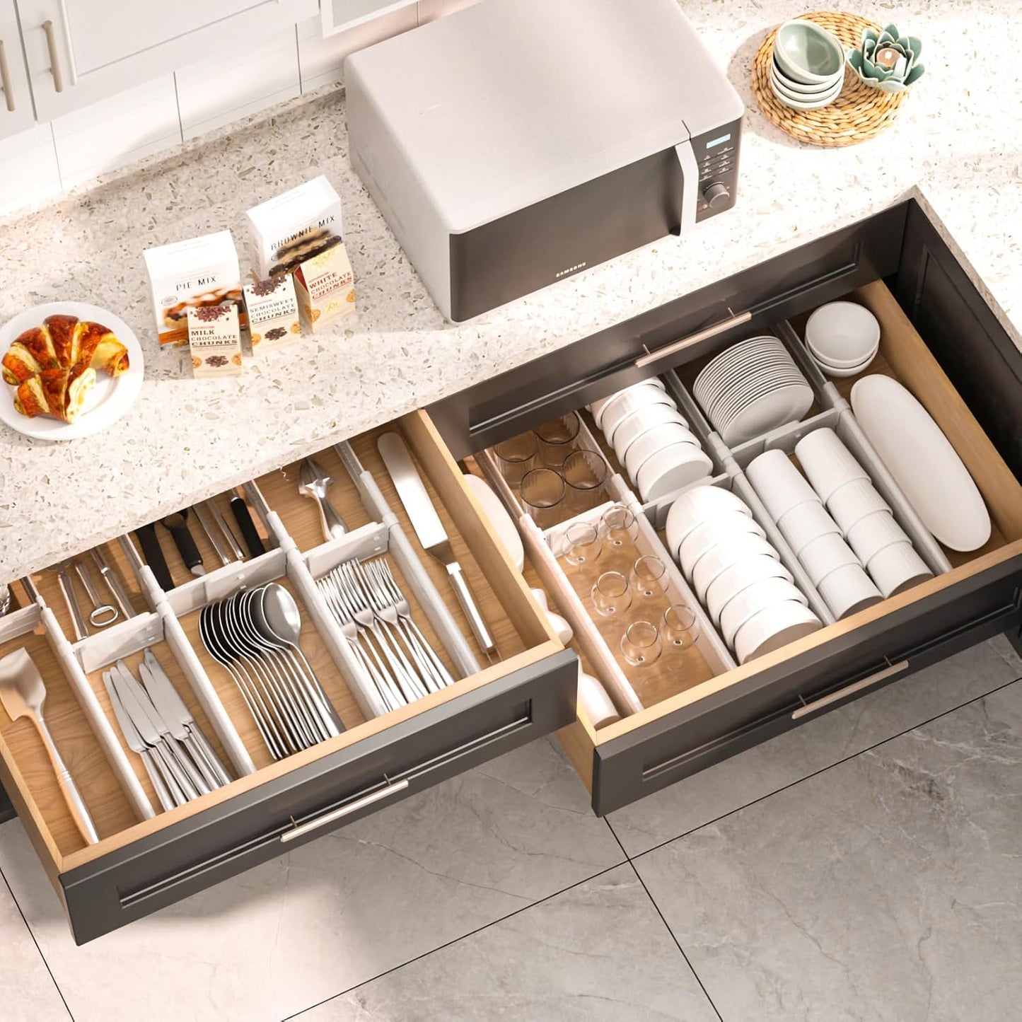 HiYZ Expandable Drawer Dividers - 12.6-22.8'' Adjustable Drawers Organizers for Kitchen Utensils, Drawer Separators in Bedroom, Dresser, Office, Bathroom, Fridge, 12 Pack Long Dividers-Gray