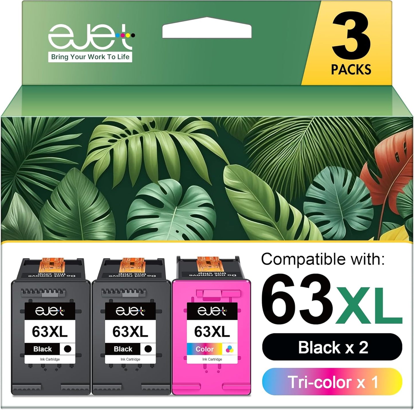 63XL Ink Cartridges Black and Color Replacement for HP 63XL Ink Cartridge Combo Pack Work with OfficeJet 3830 4650 5255 Envy 4520 4512 Deskjet 1112 3630 3634 3639 Printer (2 Black, 1 Tri-Color)