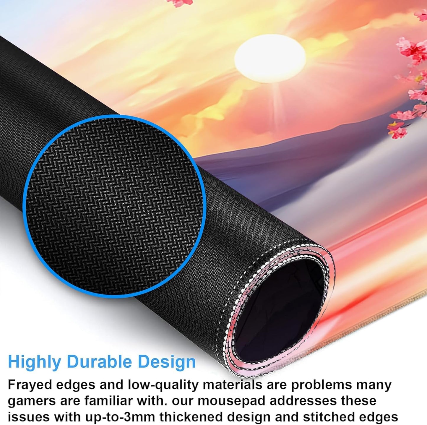Desk Mat, Cherry Blossoms Mount Fuji Sunrise Large Gaming Mouse Pad with Non-Slip Base Stitched Edges,Desk pad for Keyboard and Mouse Home Office 35.4"x15.7"