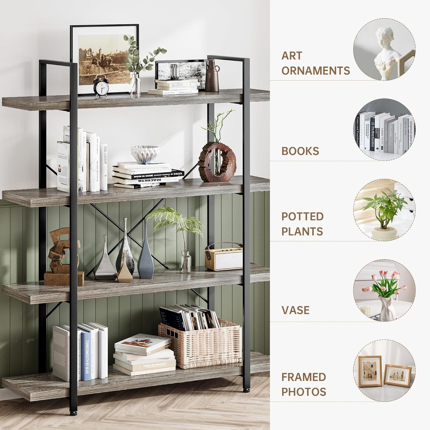 Bookshelf Set of 2, Heavy Duty 4-Tier Industrial Bookcase, 47" Wide Wood Bookshelf for Home Office, 120lbs Shelf Capacity, Rustic Display with Horizontal Shelf for Living Room Bedroom,Grey