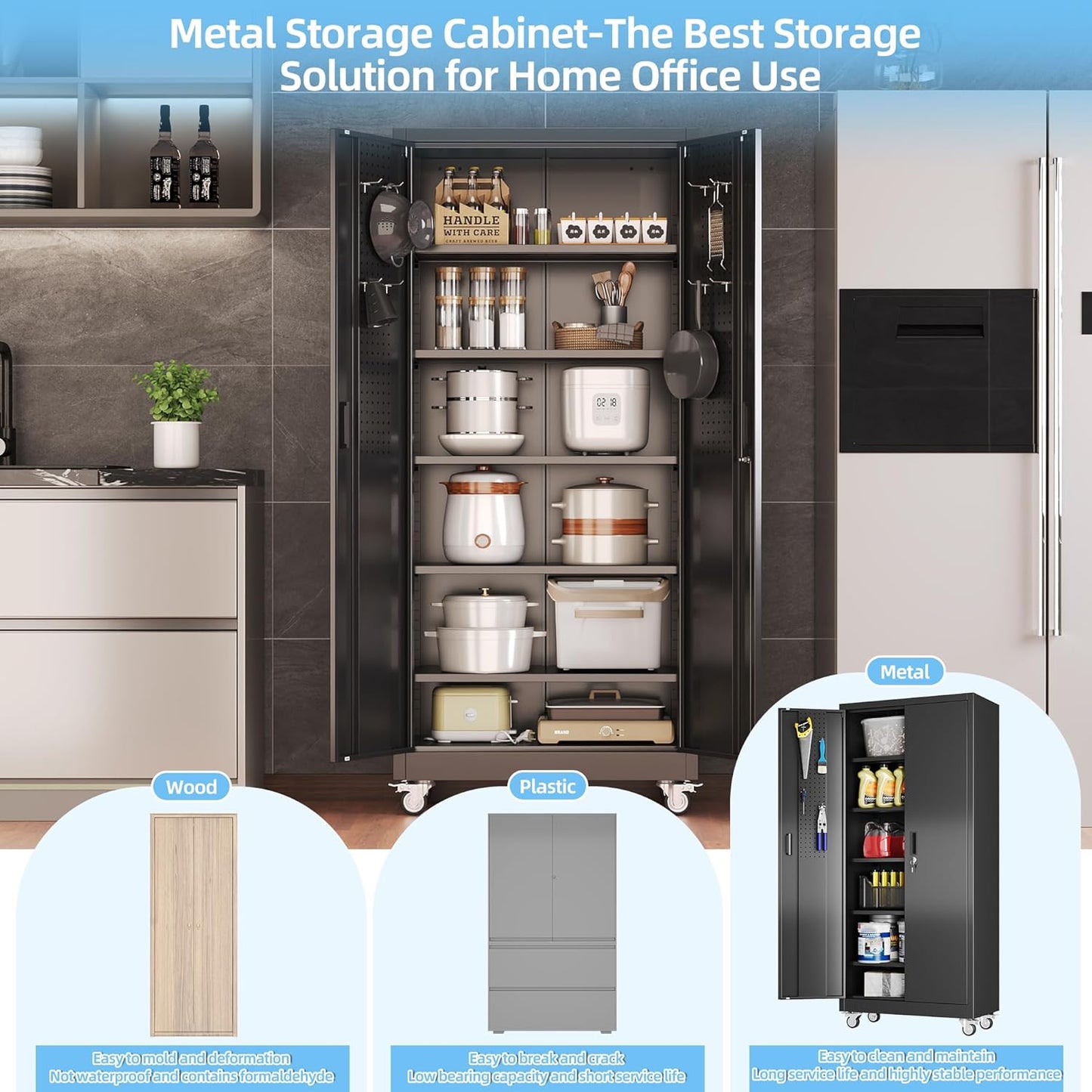 Aobabo Upgraded Garage Storage Cabinets with Wheels,Metal Storage Cabinets with 5 Adjustable Shelves for Garage Home Office Storage, Black,71''H*32''W*16''D,Assembly Required