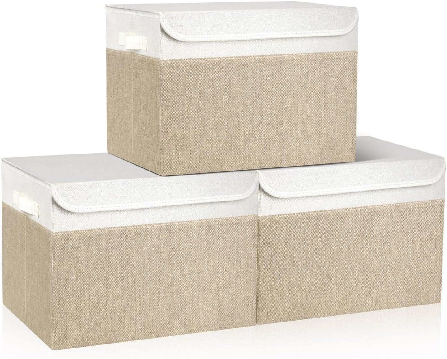 Large 17" 42 Quarts Collapsible Stackable Storage Bins with Lids [3-Pack] Foldable Fabric Linen Storage Boxes Cube, Closet Organizer Baskets with Label (16.7 x 12 x 12", Beige & White)