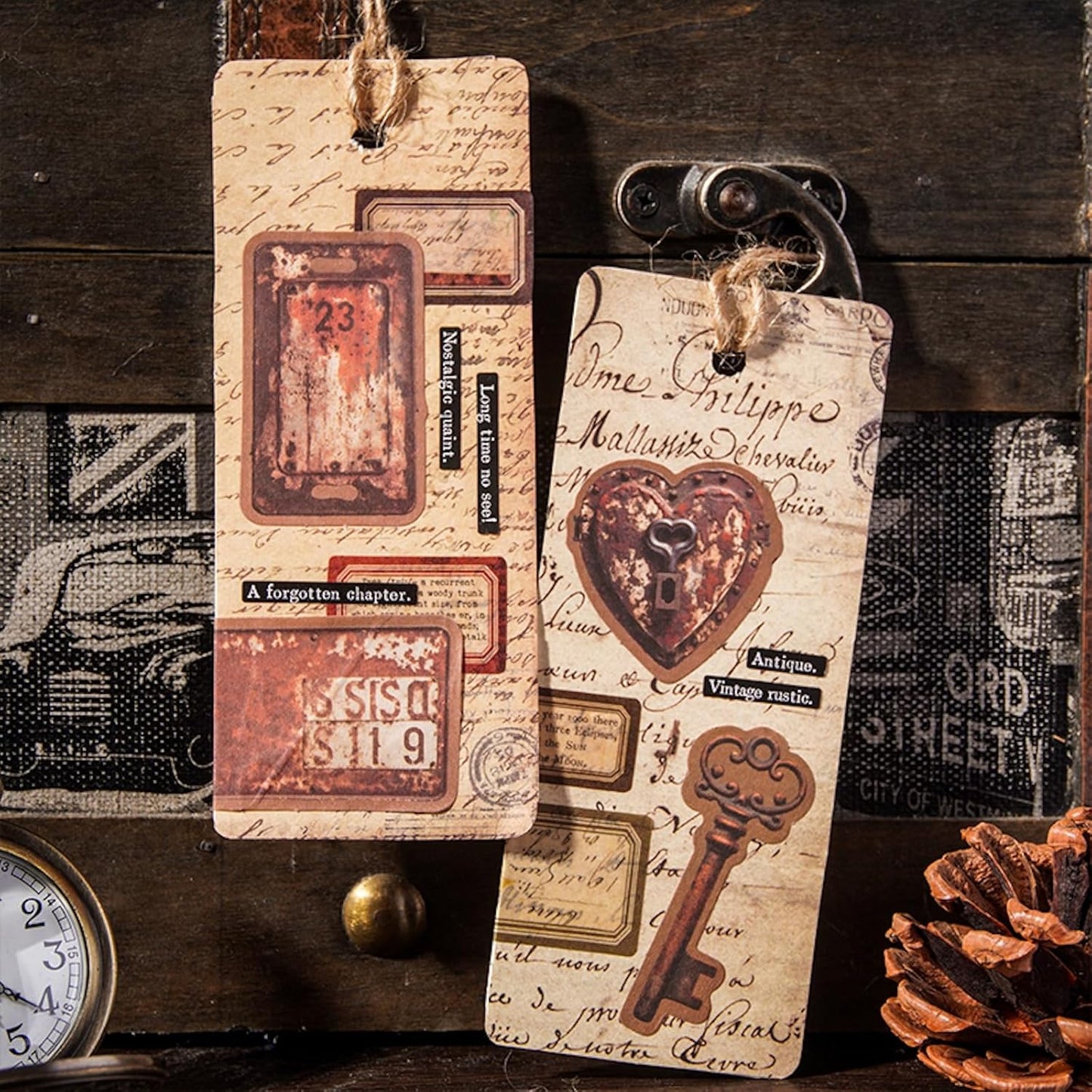 Vintage Kraft Paper Sticker Set, 96PCS Retro Scrapbook Supplies for Journaling and Crafts, Includes Keys, Padlocks, Signs, Labels, Frames, Number Plates