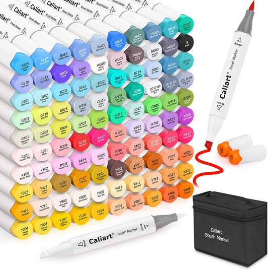 Caliart 101 Colors Brush & Chisel Alcohol Markers for Adult Coloring Book, Dual Tip Artist Sketch Art Markers, Aesthetic Cute Preppy Stuff School Supplies, Pens for Lettering Drawing Cards Planner