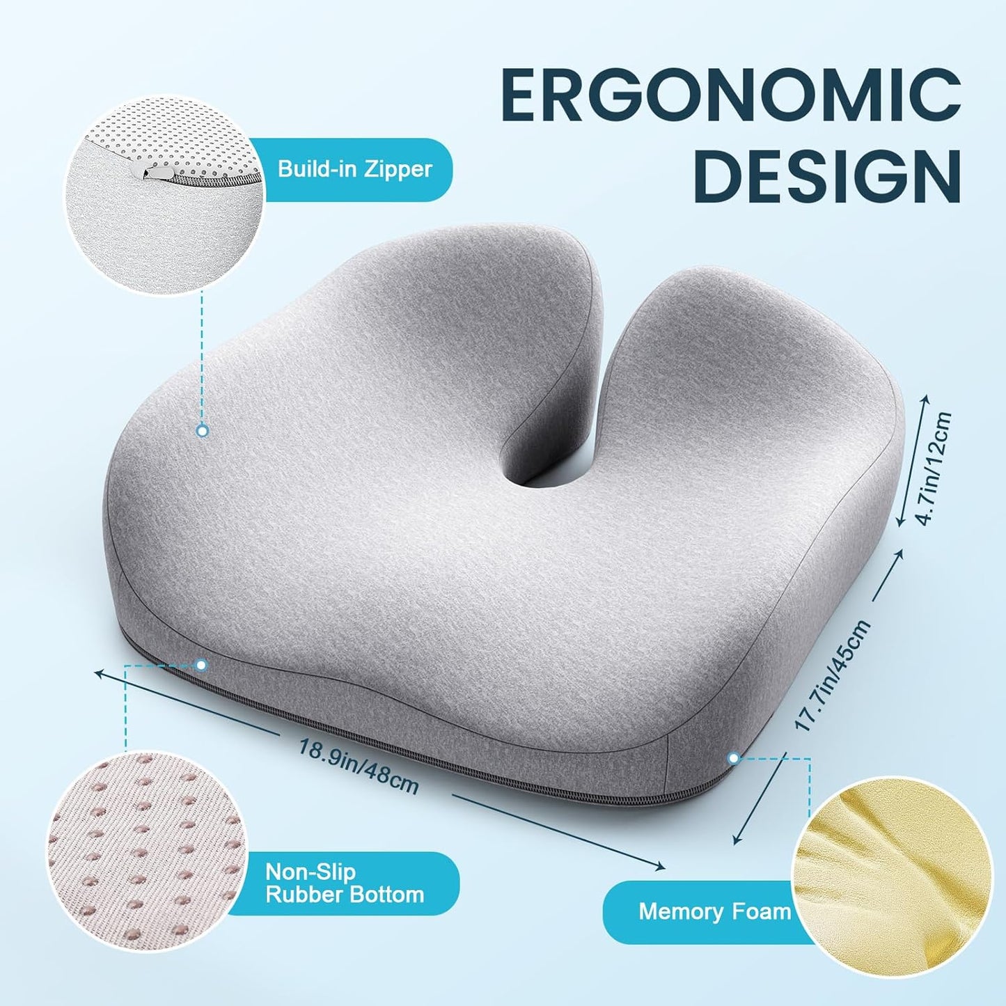 Benazcap Seat Cushion, Memory Foam Cushion for Office Chair - Ergonomic Chair Cushions for Tailbone Pain Relief, Sciatica & Back Support, Office Chair Cushion & Car Seat Cushion, Grey