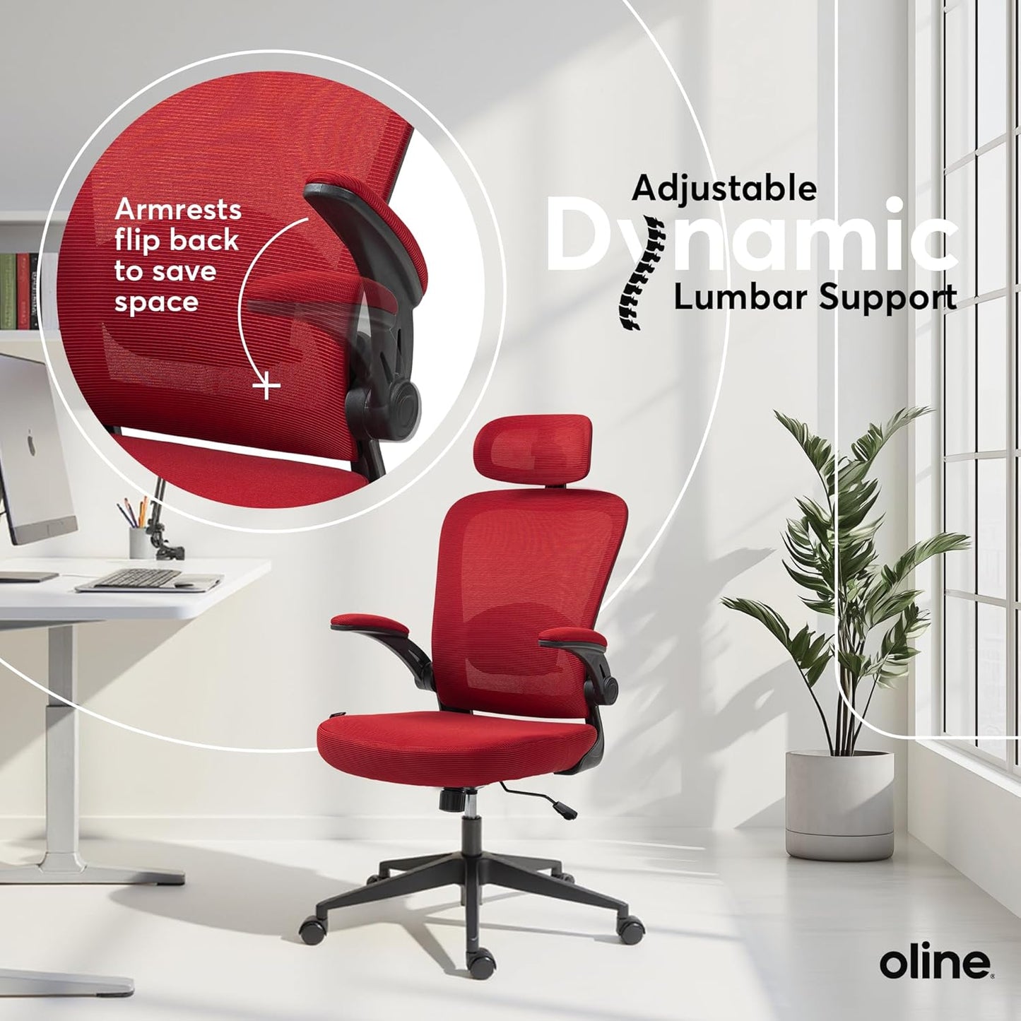 Oline ErgoAir Ergonomic Office Chair – Adjustable Lumbar Support, Flip-Up Armrests, Mesh Computer Desk Chair, Swivel Rolling Executive Gaming Chair for Home & Office (Red)