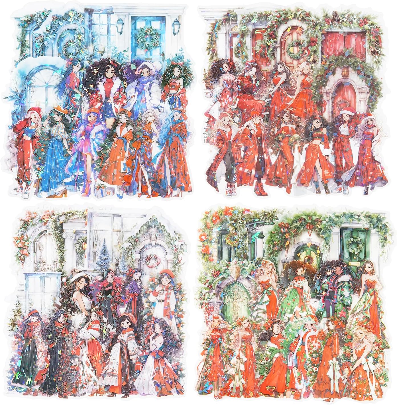 Christmas Party PET Stickers, 60 Holographic Character and Door Designs for Scrapbooking, Journaling, DIY Crafts, and Holiday Decor