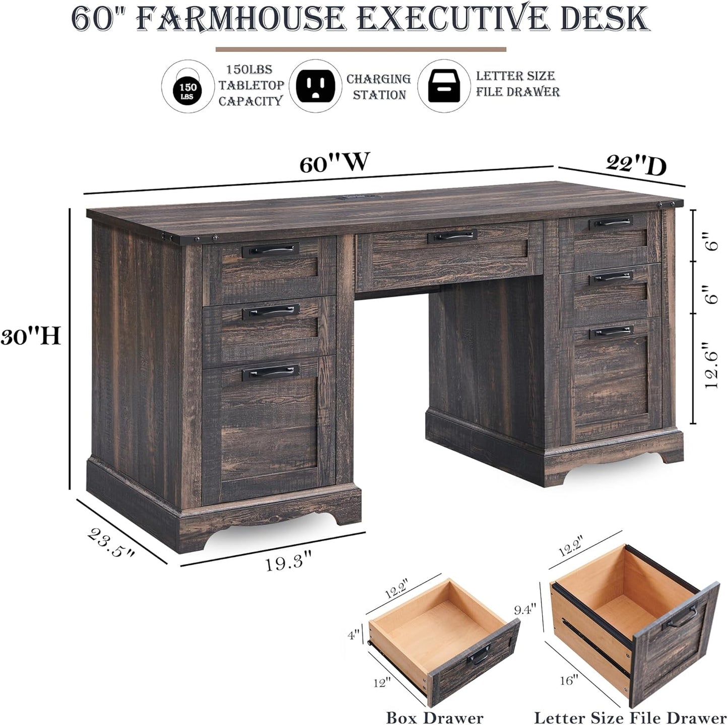 RedLemon 60" Executive Desk, Farmhouse Home Office Desk with Drawers, Charging Station, Keyboard Tray, File Drawer, Storage Cabinet, Wood Rustic Computer Writing Desk (Dark Rustic Oak)