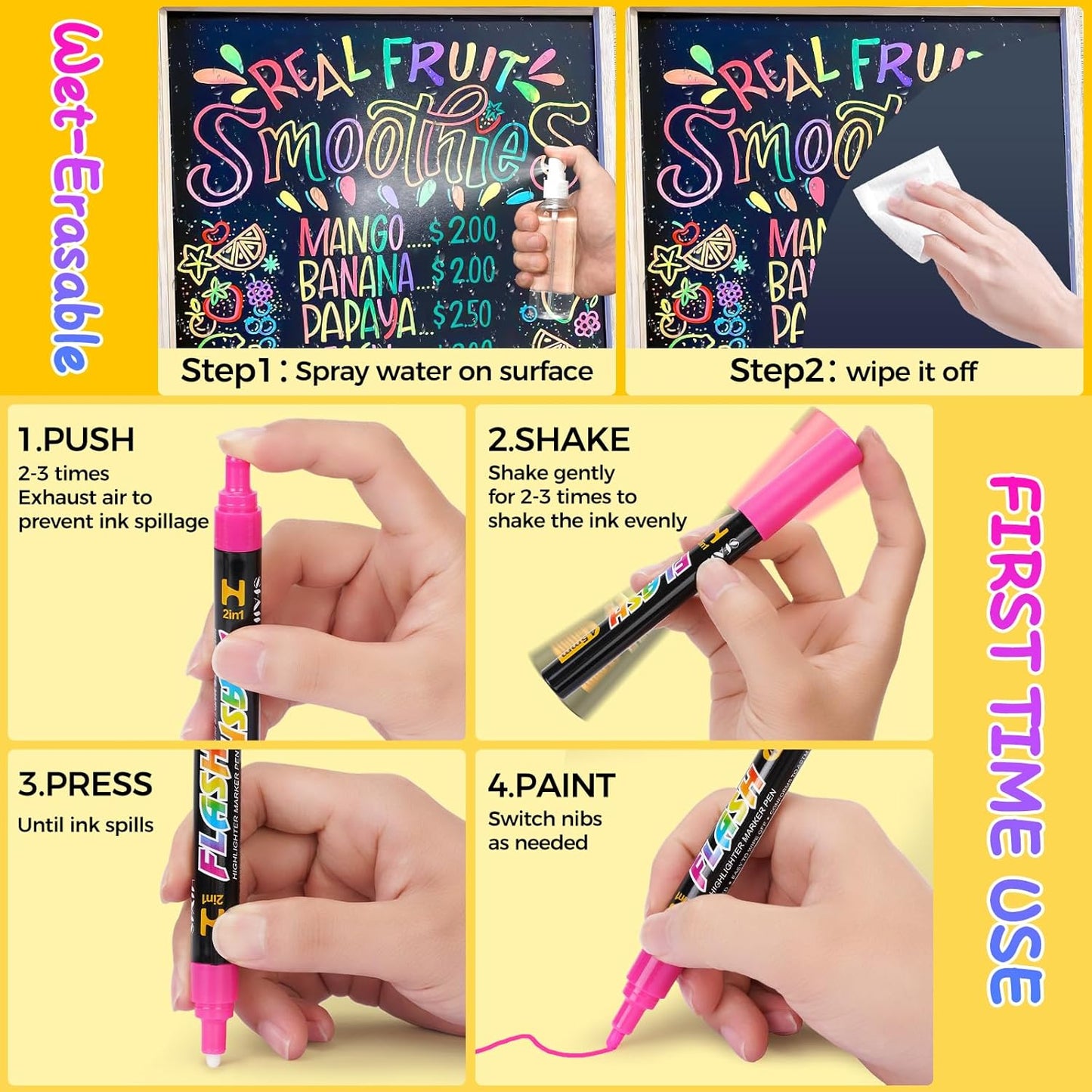 SFAIH 8 Vibrant Liquid Chalk Markers Erasable - 0.7-1mm Fine Tip Chalkboard Pens for Blackboards, Calendar, Acrylic Board, Glass, Signs, Mirror, Dust Free, Non-Toxic, With Highlighter Color Markers