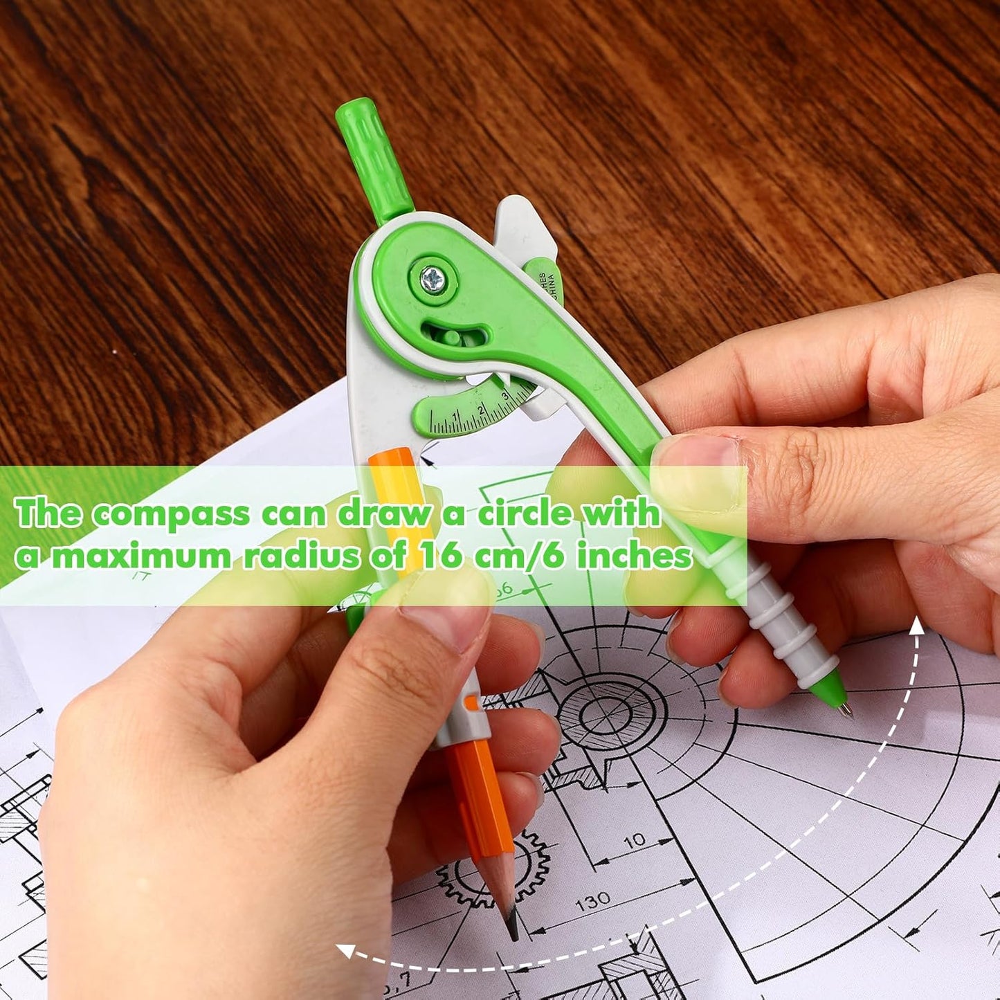 Zonon 1 Set Plastic Geometry Math Set 7 Pcs Includes 6'' / 4 '' Protractor, Drawing Compass, 45/60 Degree Triangle Rulers, 12'' / 6'' Math Ruler Transparent for Office Supplies(Green)