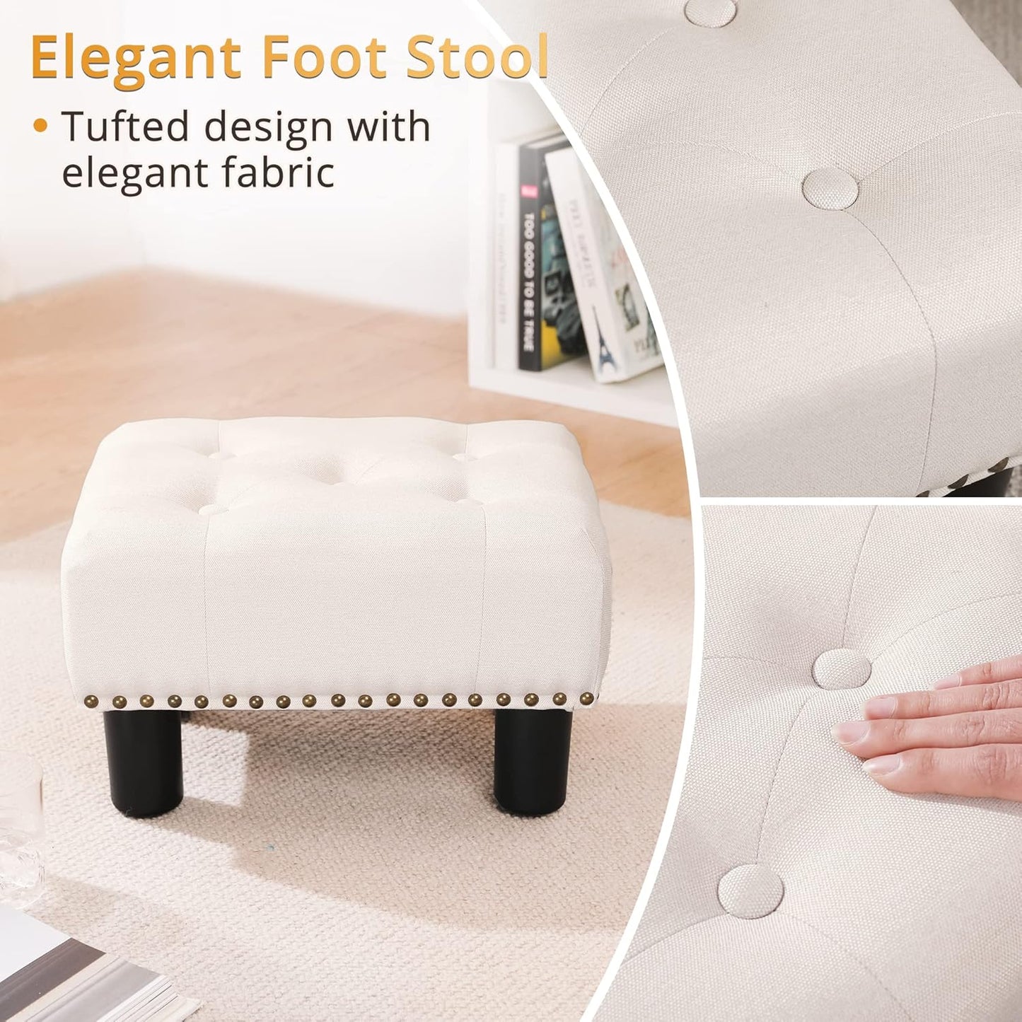 LUE BONA Small Tufted Foot Stool, Beige Rivet Fabric Ottoman with Plastic Legs, 9''H, Rectangle Footstool for Adult with Non-Slip Pads, Sofa Foot Rest for Living Room, Couch