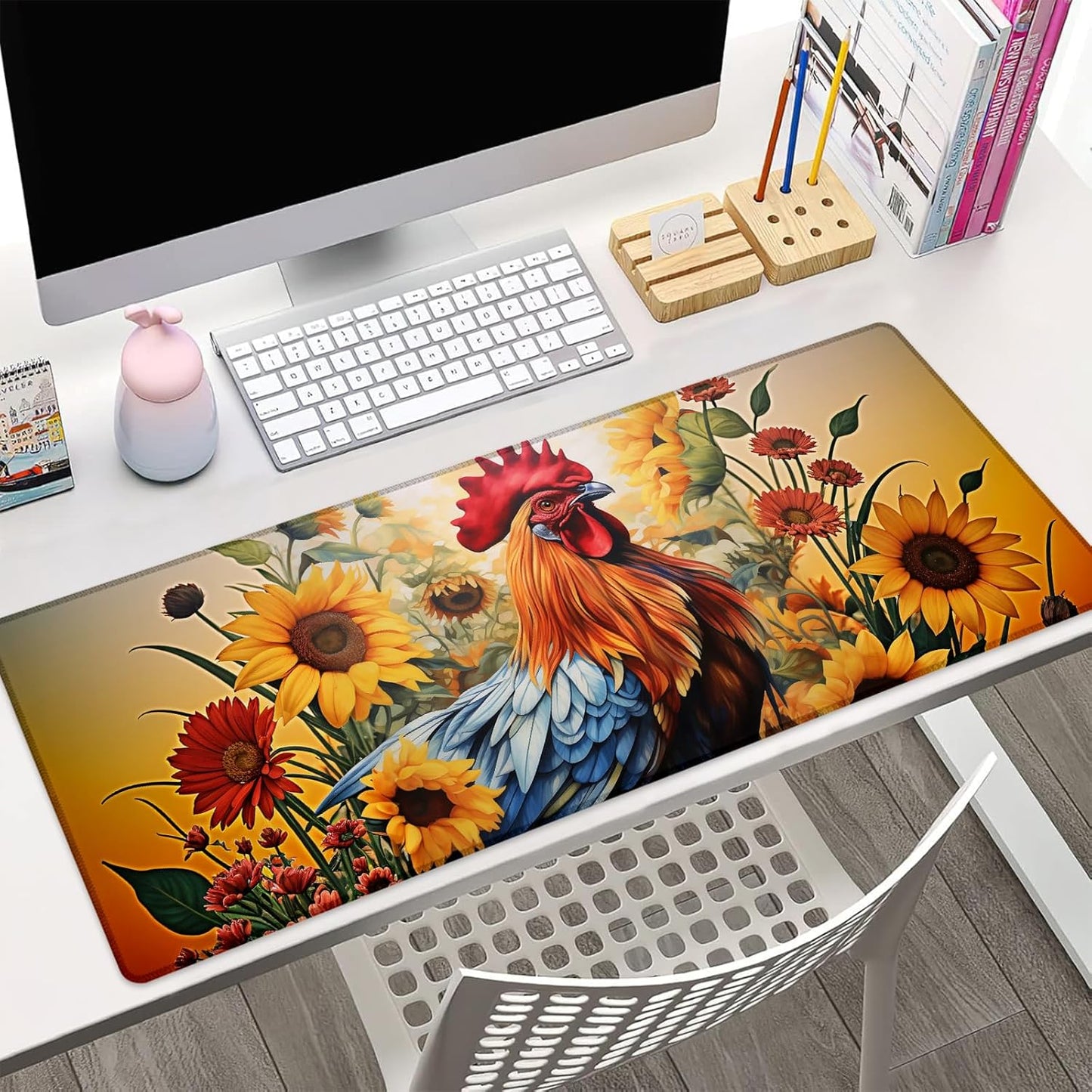 Rooster and Sunflowers Gaming Mouse Pad Gifts 31.5" x 11.8", Non-Slip Rubber Base MousePads for Computers Laptop School Office Home Accessories Decor, Mouse Pad, Keyboard Desk Mat