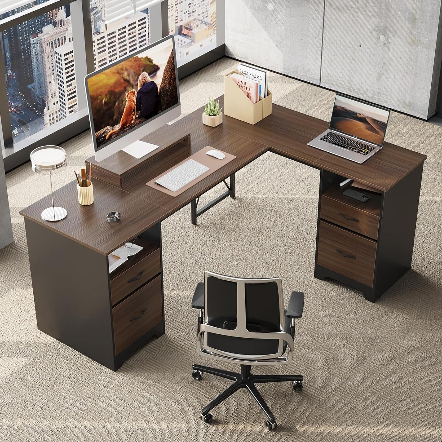 Bestier L Shaped Desk with 4 Drawers, 63" x 47" Executive Desk with Open Storage & Monitor Stand, Corner Desk with 2 File Drawers & Modesty Panel for Home Office, Cherry