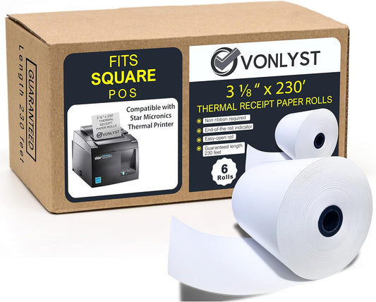Receipt Paper Roll 3 1/8 x 230 for Square Register and Square POS System connected to Star Micronics Thermal Printer (Pack 06 rolls)