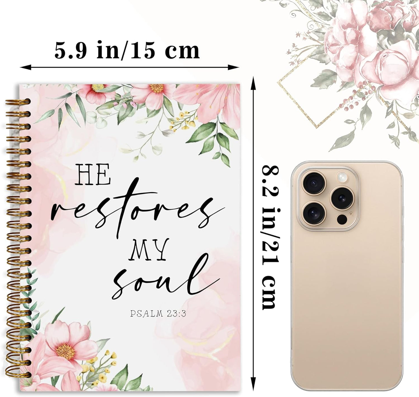 Bible Notebook, A5 Spiral Christian Journal with Floral Pink Butterfly Notebook, Bible Verse-He Restores My Soul, Inspirational Notebooks for Women, Bible Study, Gift for Birthday Christmas, Office Supplies (Light pink)