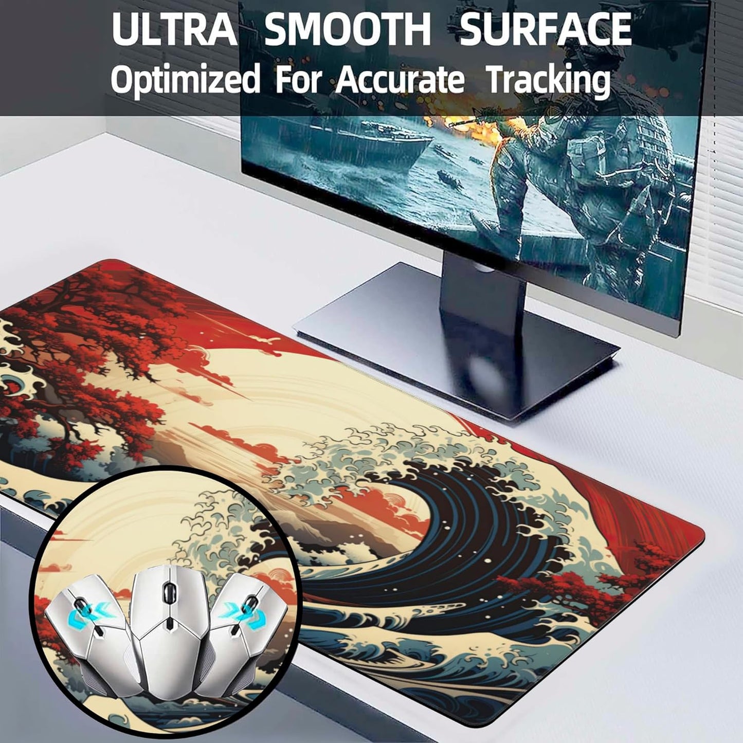 Extended Large Gaming Mouse Pad, Japanese Great Wave Sunset Large Desk Mat for Desktop, Non-Slip Rubber Base Stitched Edges Long Computer Keyboard Desk Pad Mouse Mat for Home Office 35.4"X15.7"