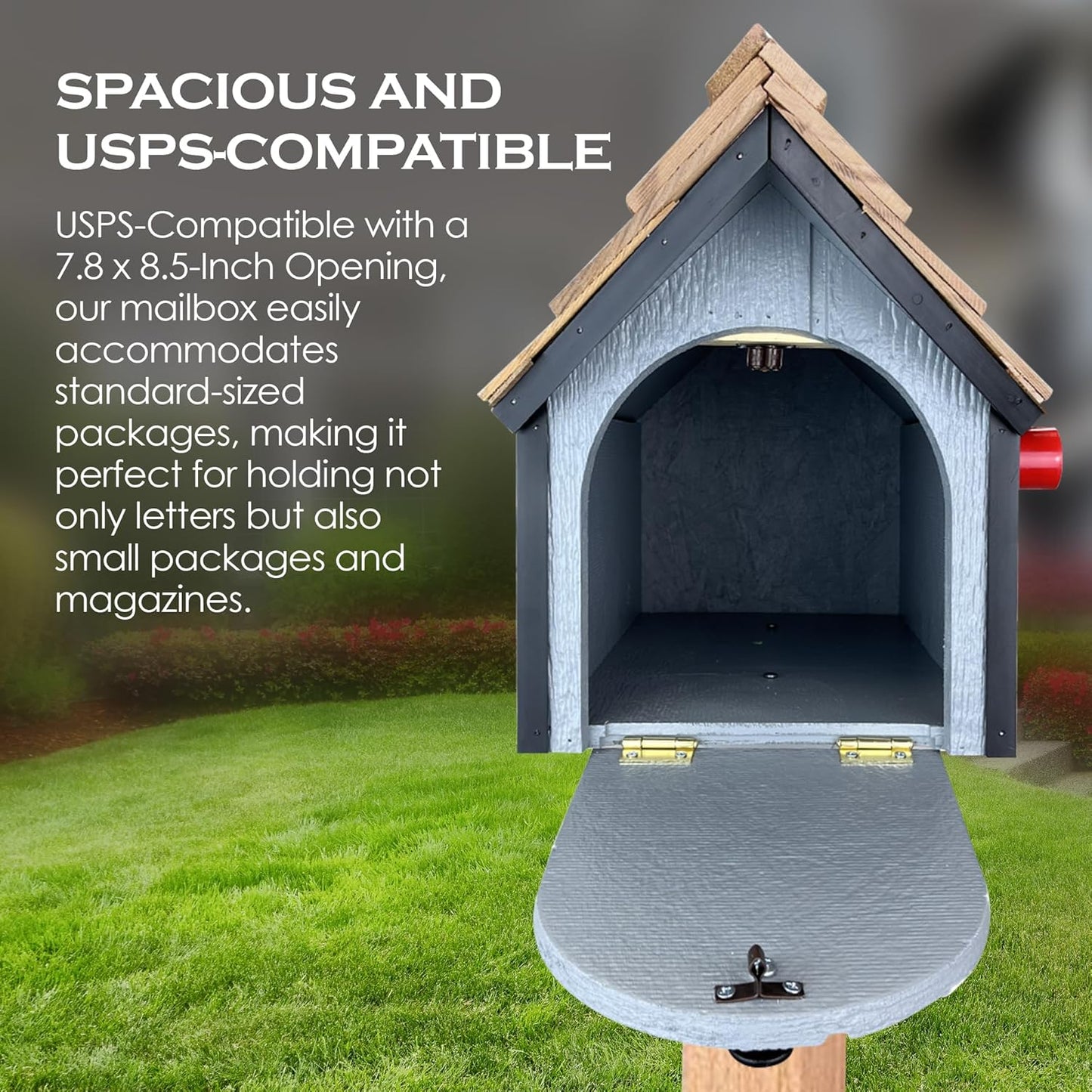 Peaceful Classics Amish Cedar Roof Wooden Mailbox with Window & Door Trim, Handcrafted Mailboxes for Outside, Post Mount Residential Mailboxes - (Navy with White Trim)