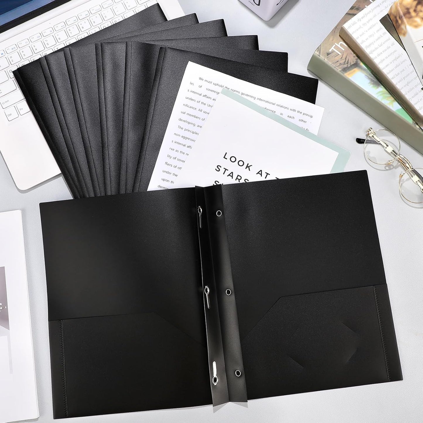 Patelai 48 Pcs Plastic Folders with 2 Pockets and 3 Prongs Home Folders with Card Slot Letter Size Heavy Duty Report Covers for Back to School(Black,Classic)