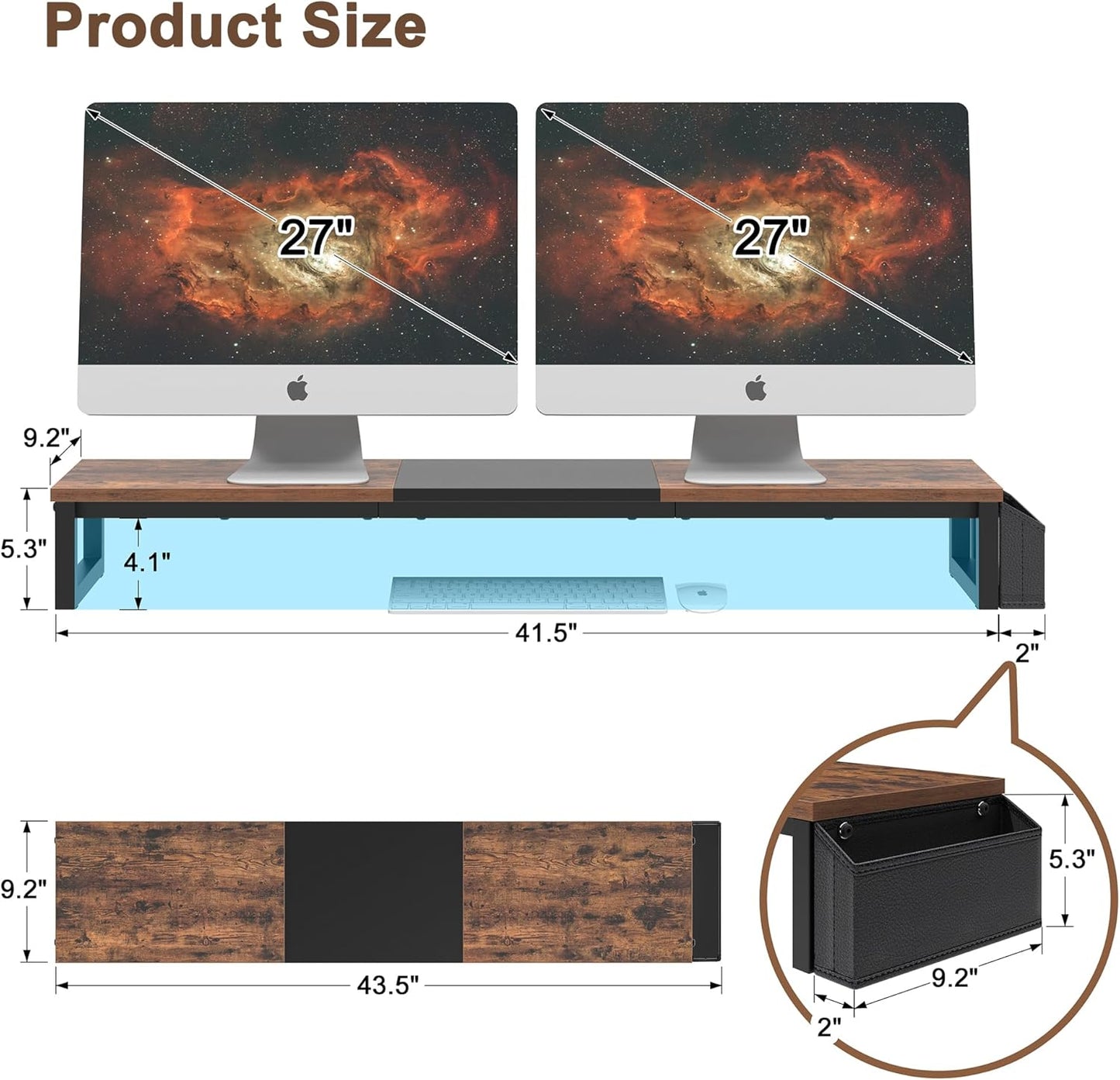 LAND·VOI Dual Monitor Stand Riser,41.5'' Long Monitor Stand for 2 Monitors, Wood Computer Riser with Pocket, Desktop Oraganizer with Pen Holder, Monitor Riser for Desk Computer,Laptop,TV, Rustic Brown