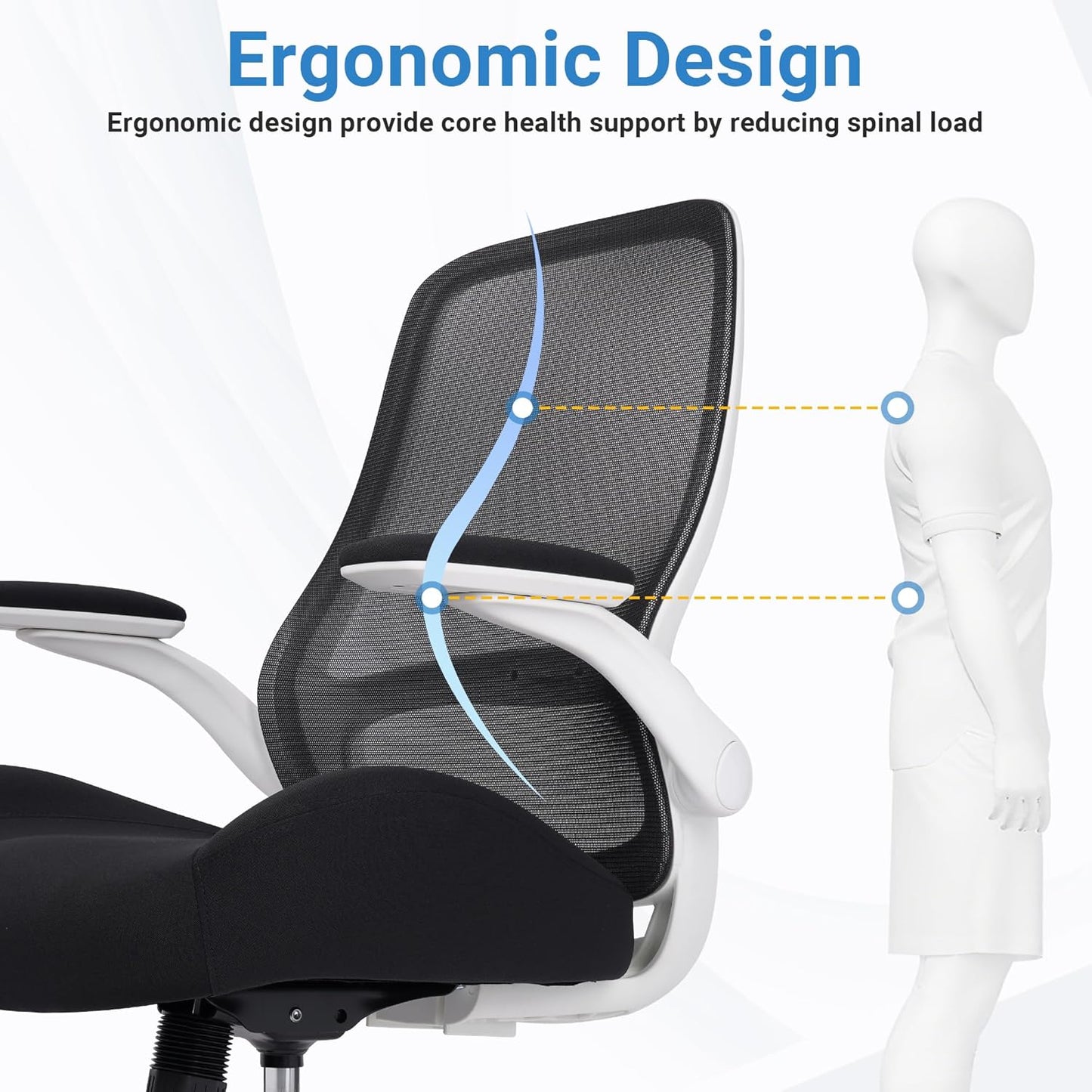 HYLONE Heavy Duty Office Chair, 5" Thickened Seat Ergonomic Desk Chair with Adjustable Armrests, Home Office Computer Chairs for Long Hours Mesh Executive Chair(White Base & Black)