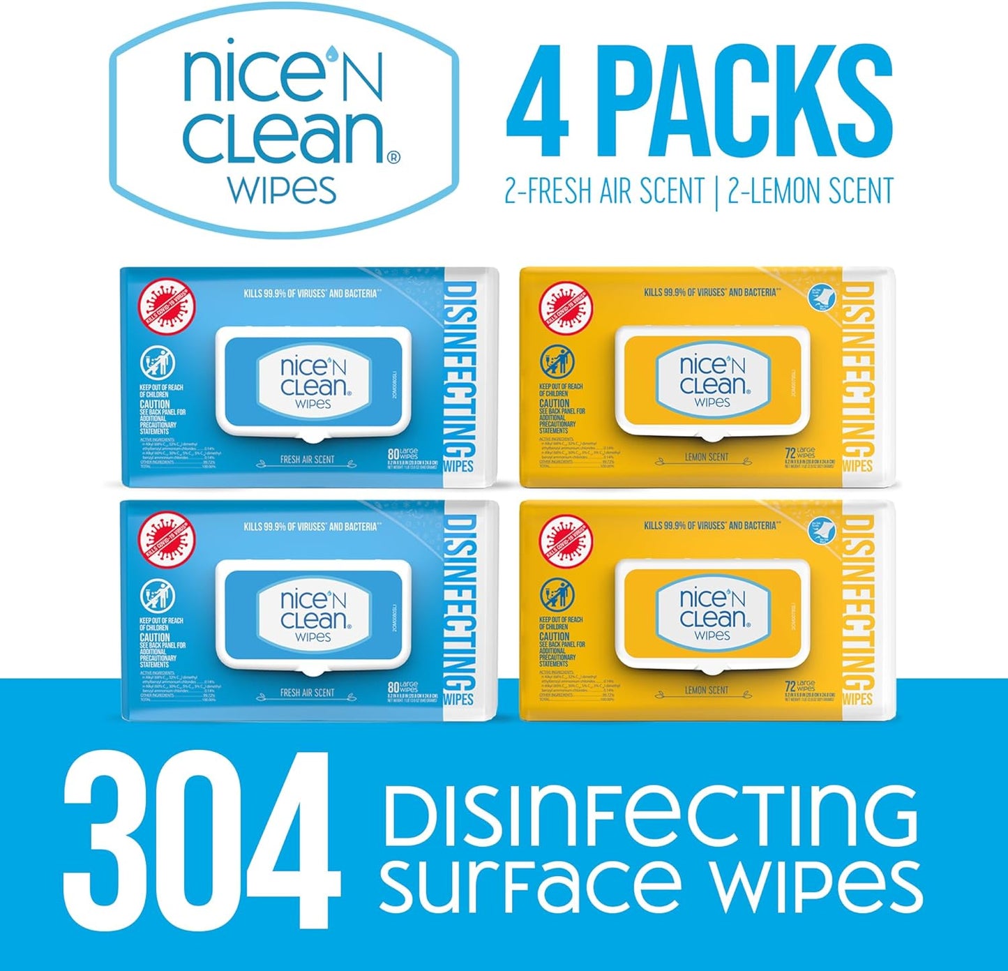 Nice 'N Clean Disinfecting Surface Wipes 304ct | Cleans & Disinfects Home & Kitchen Surfaces | Fresh & Lemon Scent