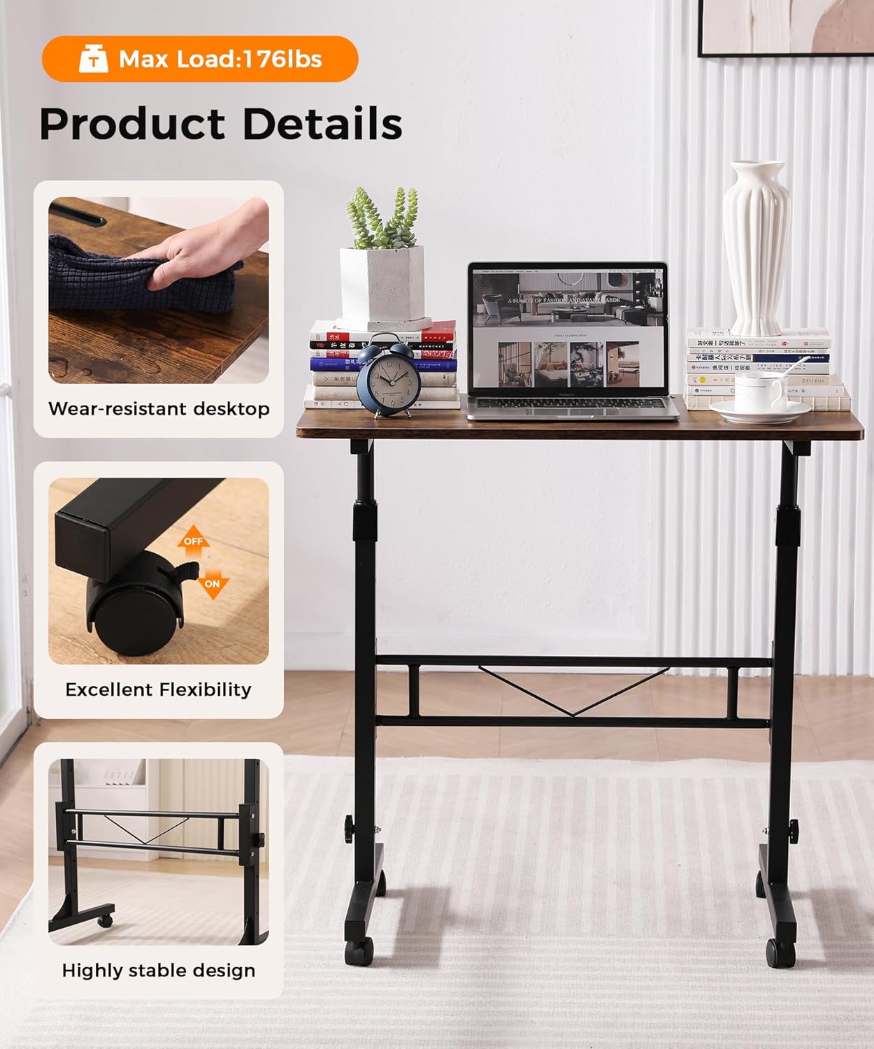 Standing Desk Adjustable Height, Mobile Stand Up Desks with Wheels Small Computer Desks Rolling Desk, Portable Laptop Desks Rustic Standing Table Sit Stand Home Office Desks 16"x31.5" Height 27"-43.5"