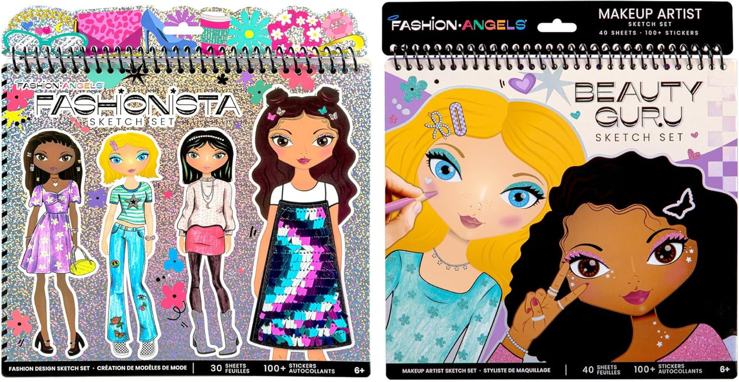 Fashion Angels Fashionista & Beauty Guru Sketch Sets Bundle, Pack of 2 Fashion Design & Make Up Artist Sketch Books, Ideal Gift & Party Favor for Girls, Kids, Tweens