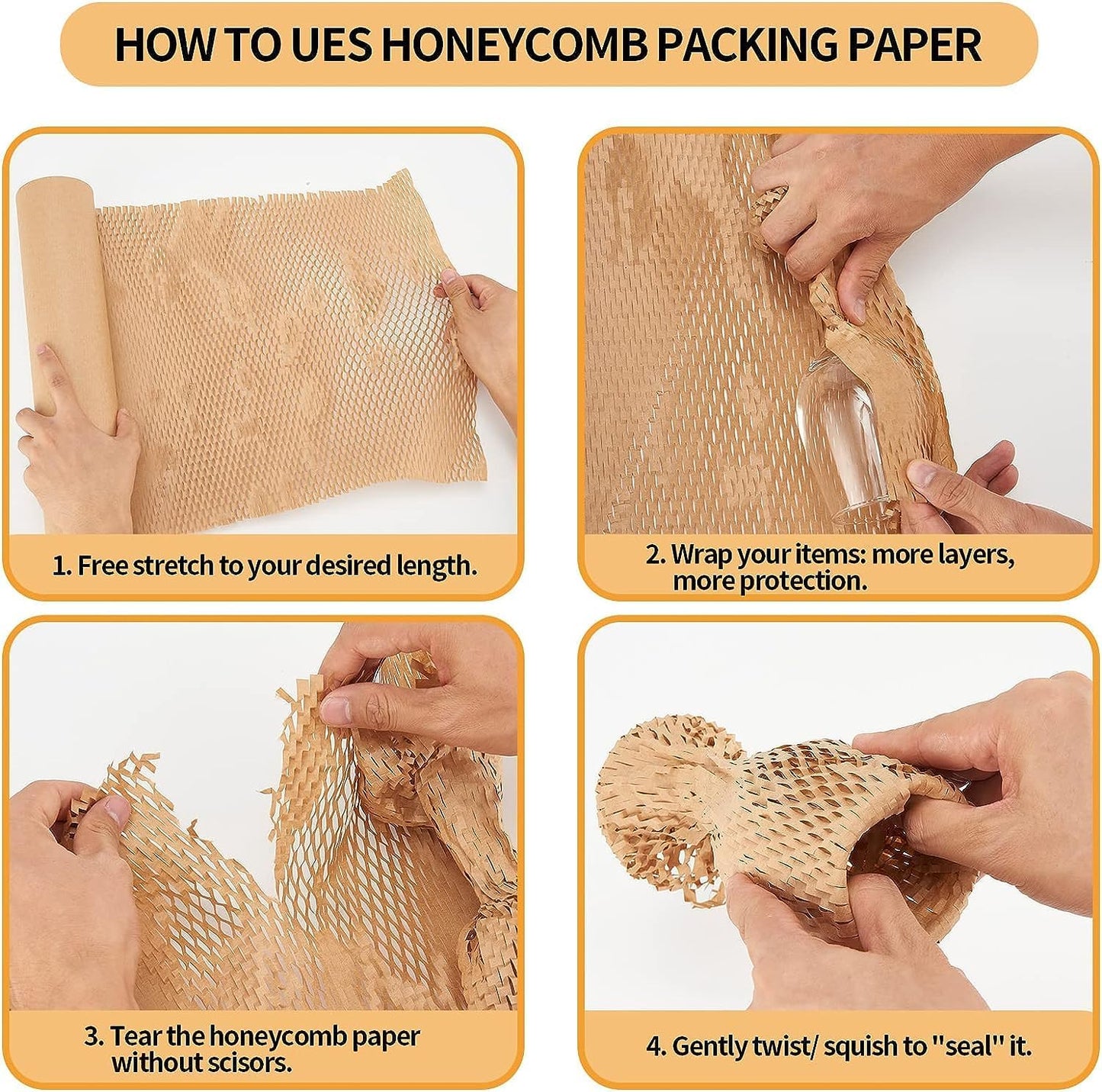 Honeycomb Packing Paper, 15"x300' Honeycomb Cushioning Bubble Wrap Paper Roll for Moving Shipping Breakables Packaging Gifts with 20 Fragile Sticker Biodegradable & Fully Recyclable Brown Kraft