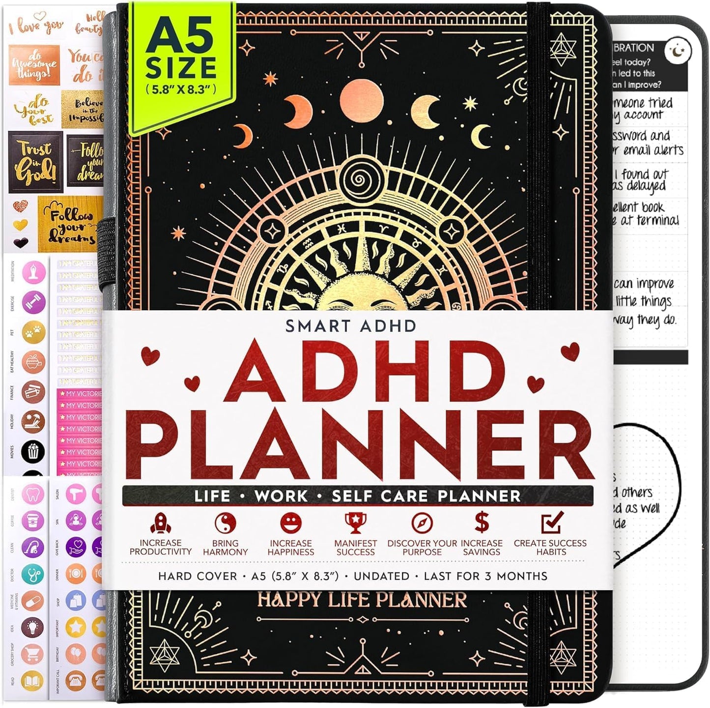Adhd Daily Planner - A Self Care Personal Gratitude Journal to Increase Productivity and Success in Life & Work, Weekly & Monthly Undated Planner for Women and Men, Vision Board & Organizer + Stickers