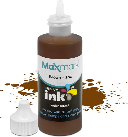 MaxMark Premium Refill Ink for self Inking Stamps and Stamp Pads, Brown Color - 1 oz.