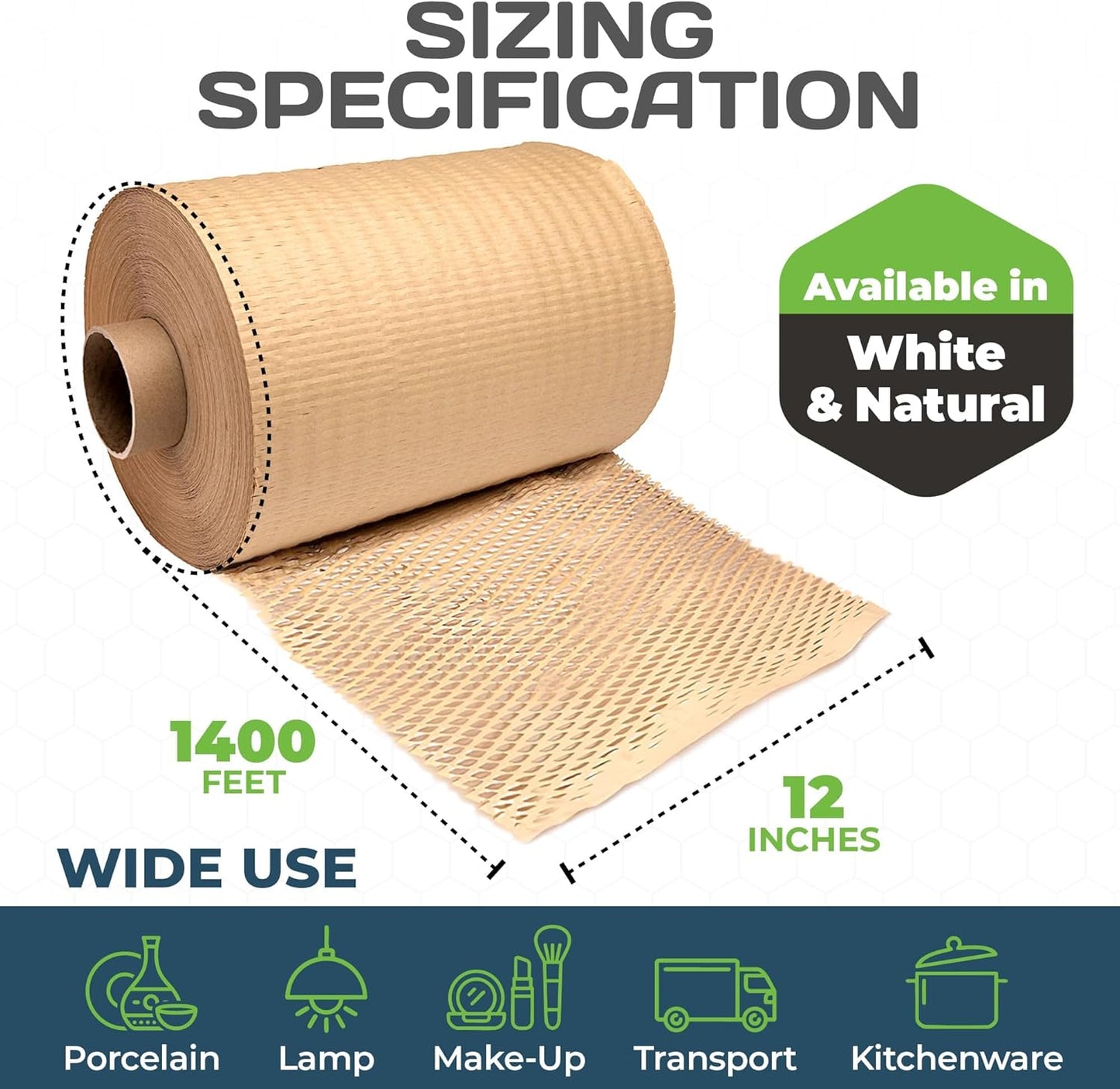 HexcelWrap Honeycomb Packing Paper - Eco-Friendly, Sustainable Paper Bubble Wrap for Shipping and Moving, Cushioned Packing Material. No Tape Needed - Natural, 12" x 1400'