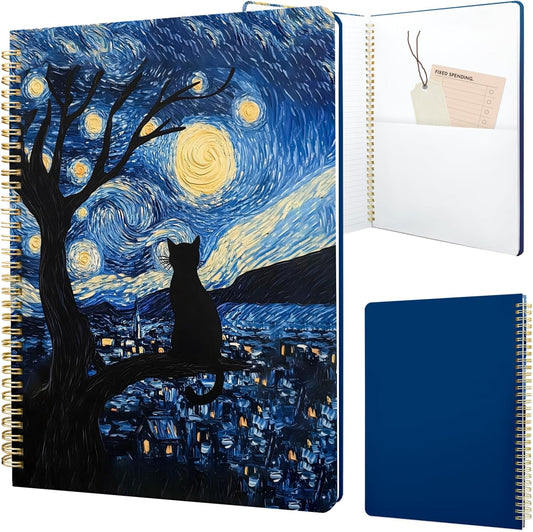 Cute Spiral Notebook journal A4 Aesthetic Pretty Design for Women Girls Kawaii with Pocket, 8.5 x 11 inch, Lined, Cat Galaxy