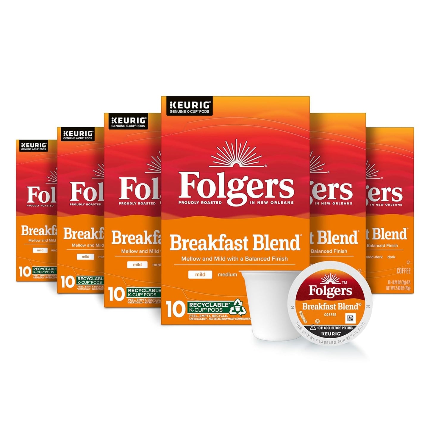 Folgers Breakfast Blend Coffee, Mild Roast, Keurig K-Cup Pods, 10 Count (Pack of 6)