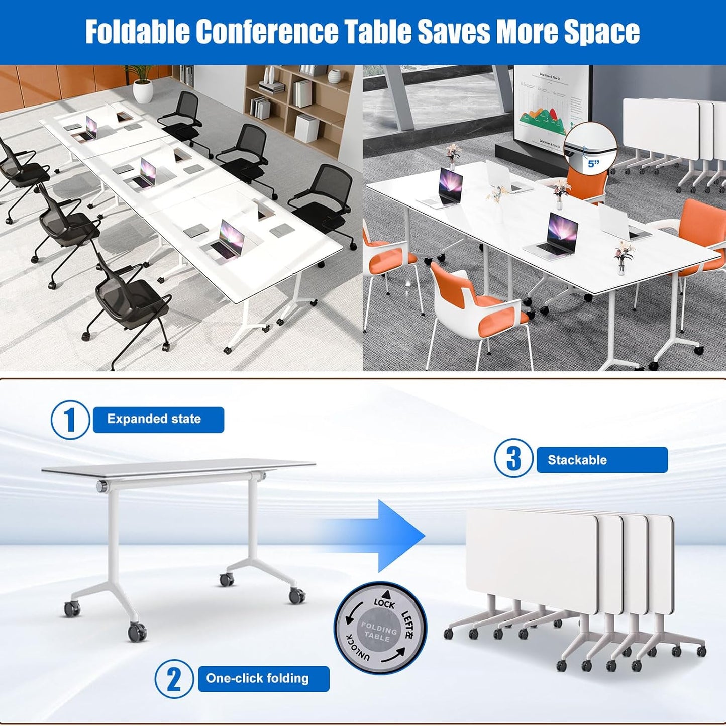 Conference Table, Folding Conference Desk Modern White, Seminar Table with Wheels, 2-10 People for Office, Meeting Break Room (6, 1915, 47IN)
