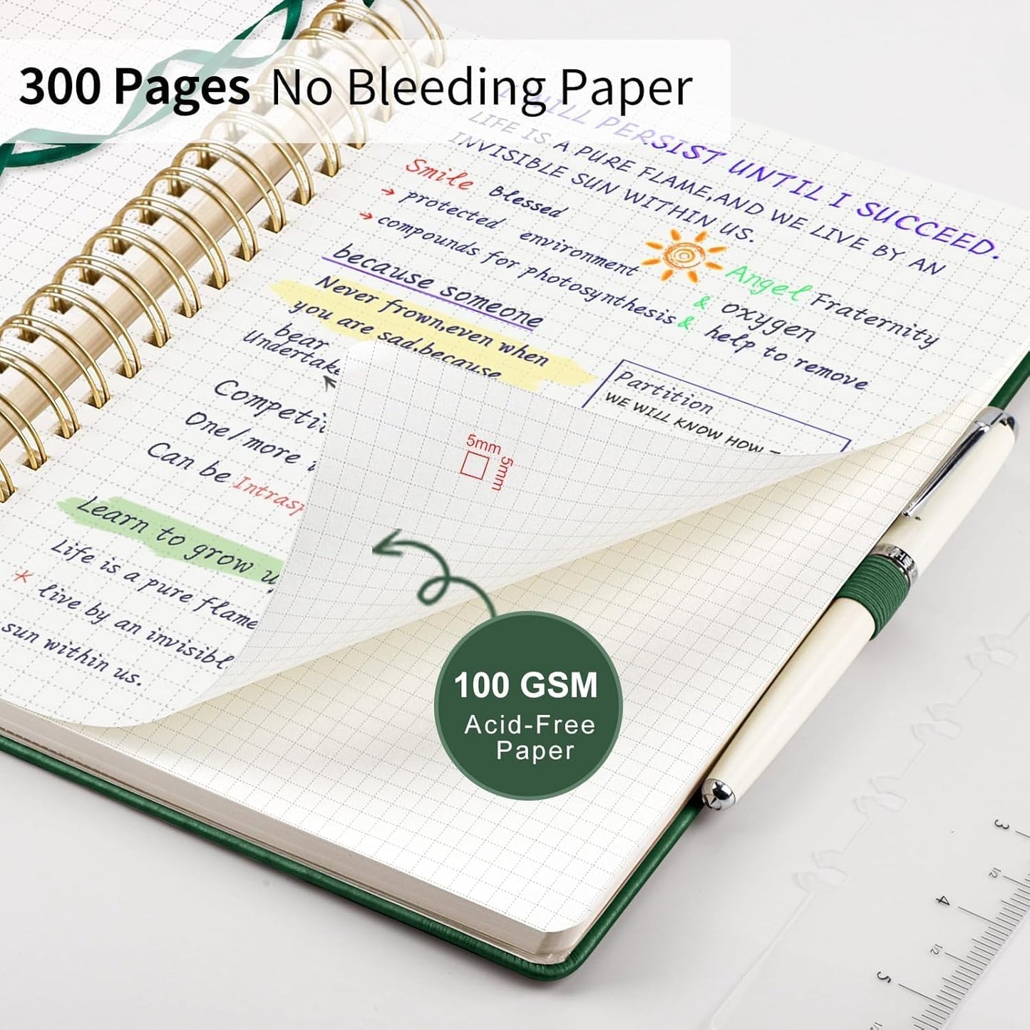 EMSHOI Spiral Graph Paper Notebook - 300 Pages, 100 GSM Thick Grid Notebook, B5 Large Hardcover Leather Journal for Women Men Work School Writing Engineering Graphing, 7.48" x 10.15", Dark Green